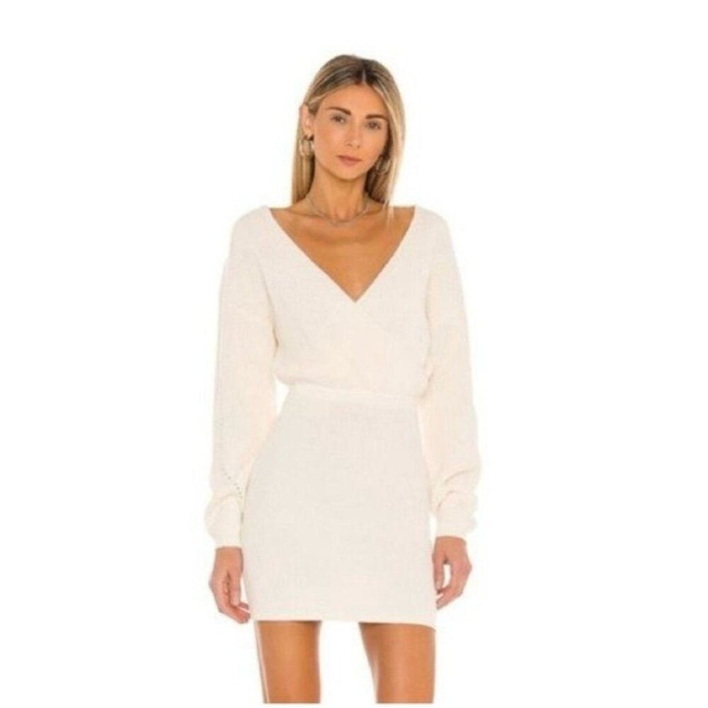 Tularosa Mia Blouson Surplice V-Neck Sweater Mini Dress Cream Knit Size M NWT